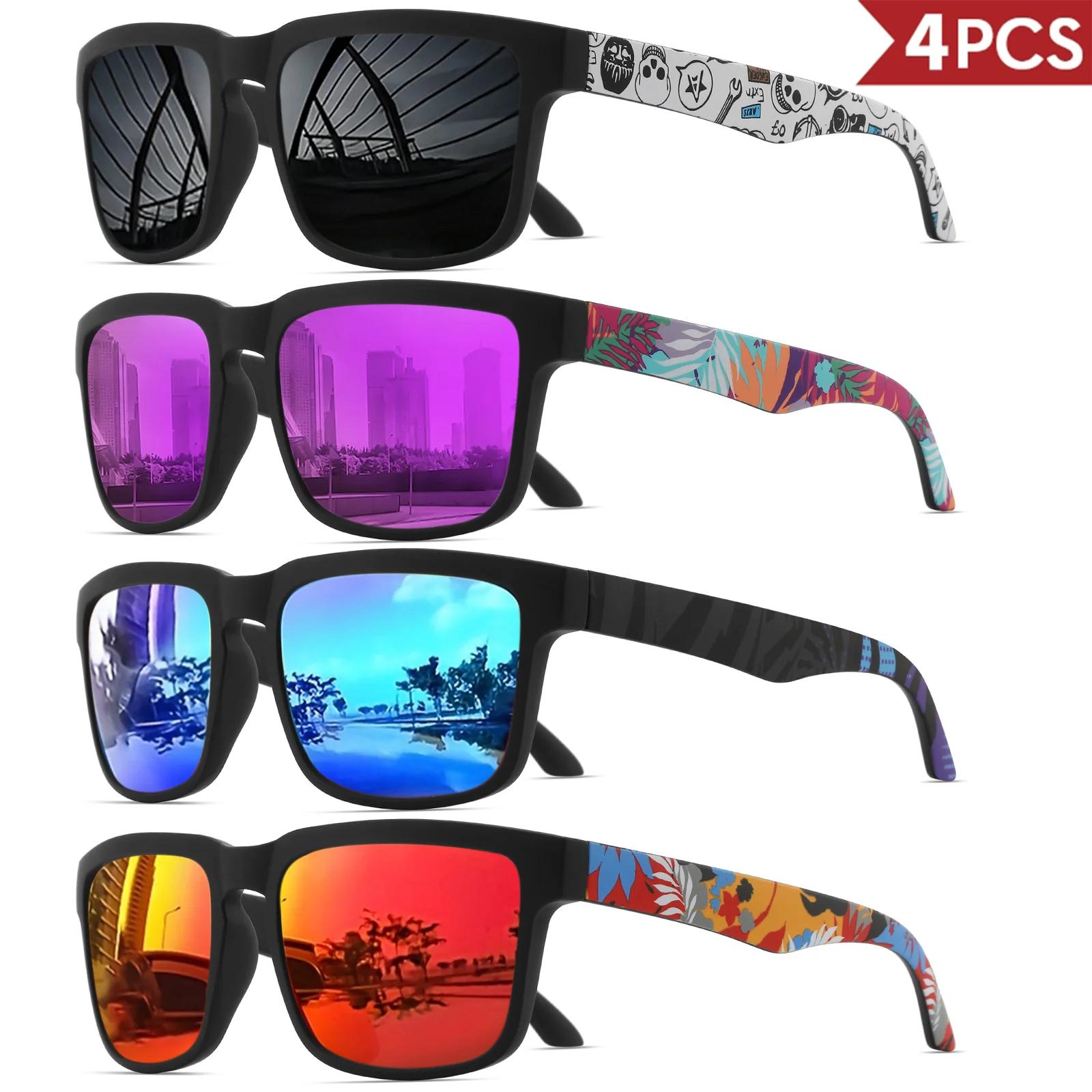 Lunettes de soleil de sport carrées 4 pièces avec motif de temple de créateur - UV400 pour hommes et