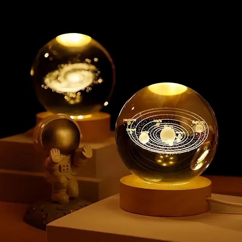 Boule de cristal 3D de 6cm, boule de verre planète terre, Base en bois, système solaire, galaxie, as