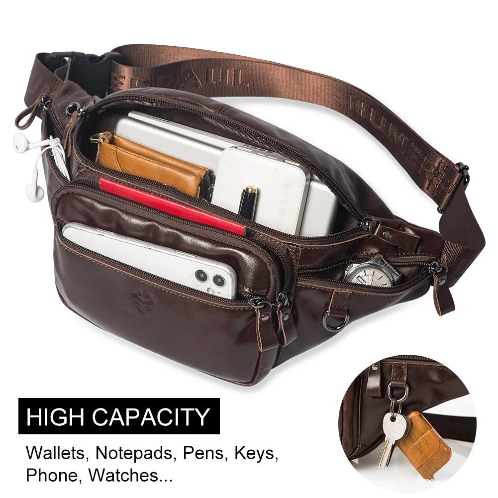 HUMERPAUL-Sac de taille en cuir véritable pour homme, sac banane décontracté, sac de poitrine extéri