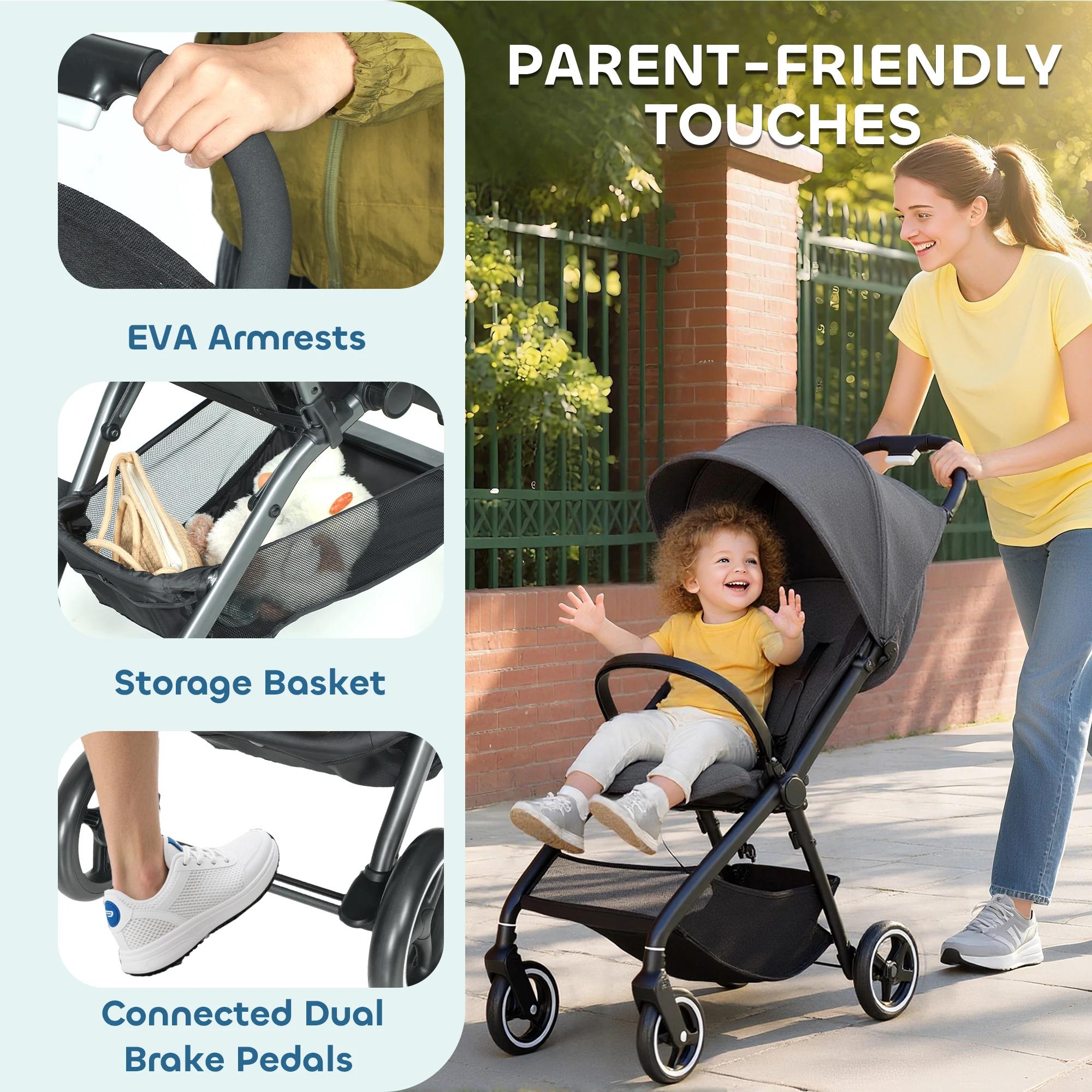 Poussette pliable pour bébé avec dossier inclinable, repose-pieds réglable, capote, panier, harnais,