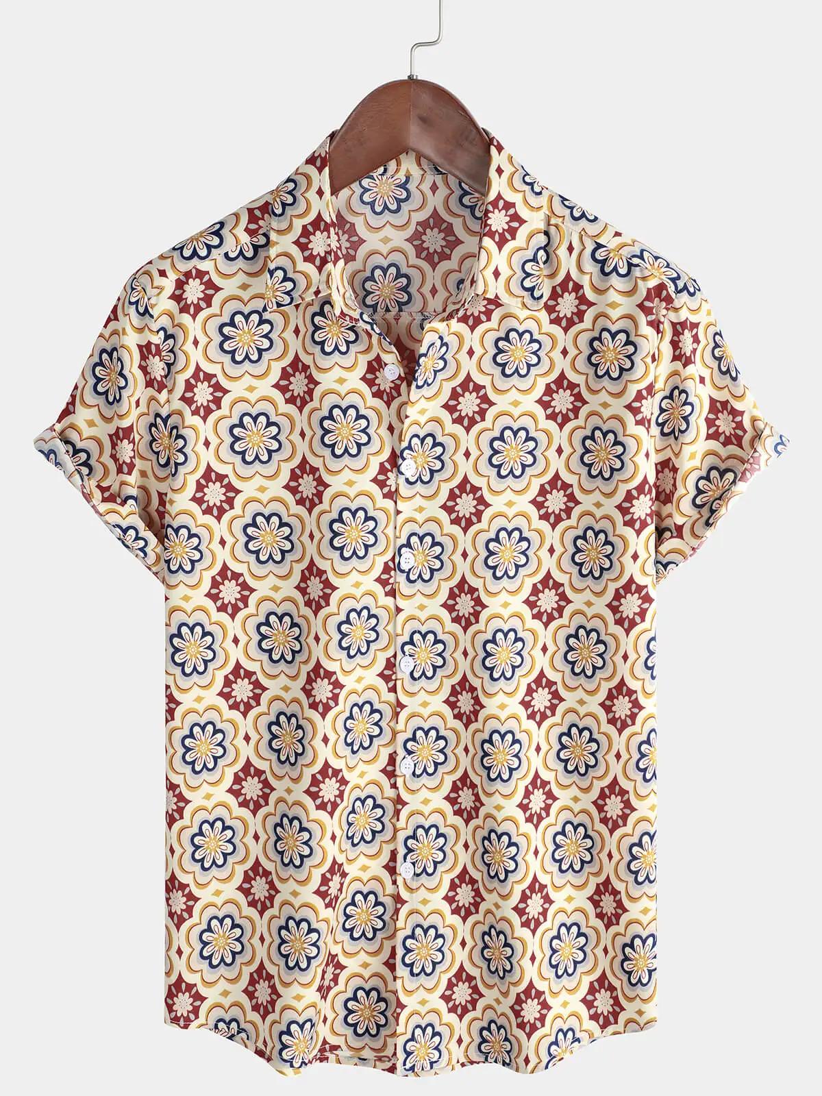 Hommes rayé décontracté vacances à manches courtes Orange été chemise boutonnée chemise hawaïenne ét
