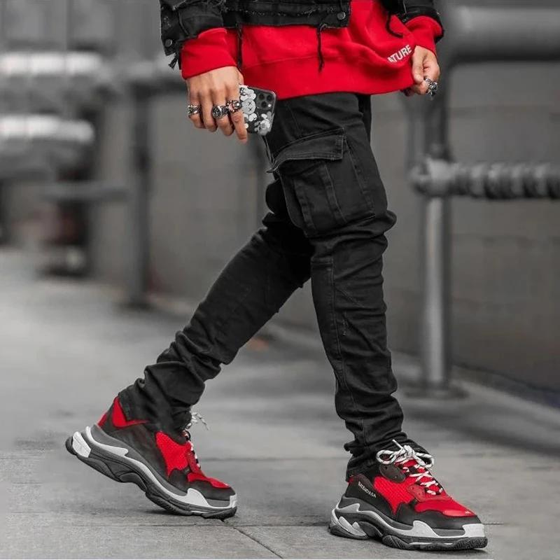 Jeans en denim élastique pour hommes, pantalon cargo multi-poches, coupe slim décontractée, jogging 