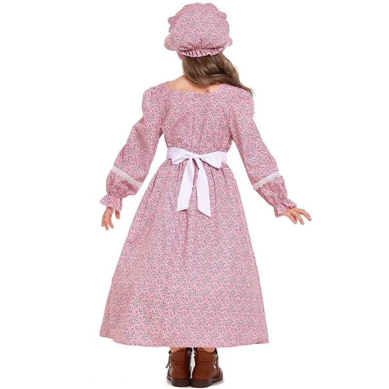 Robe longue florale rose et bleue style campagnard pour femme, costume de pionnier des prairies