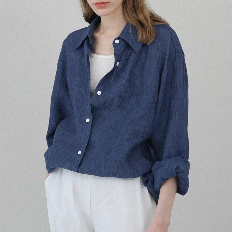 Chemisier surdimensionné à col rabattu pour femme, chemise décontractée en lin, manches longues, élé