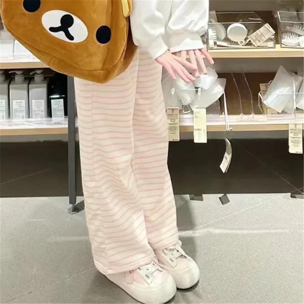 Pantalon rayé Y2K pour femmes, mignon, Kawaii, doux, Harajuku, polaire, sport, mode coréenne, survêt