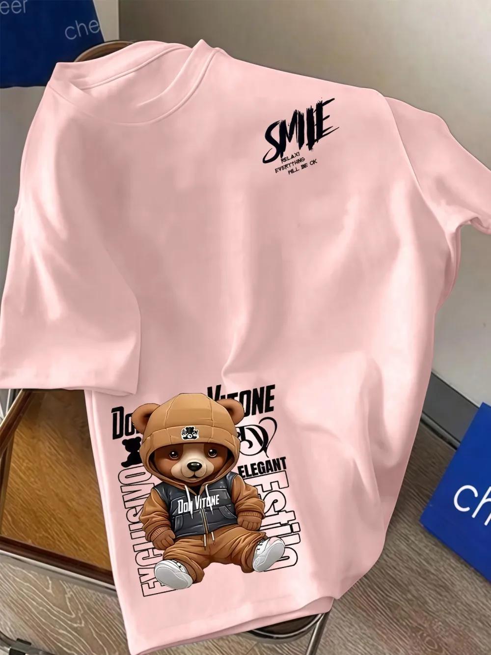 Nouveau T-shirt d'été pour hommes, style européen et américain, à col rond, imprimé motif ours et le