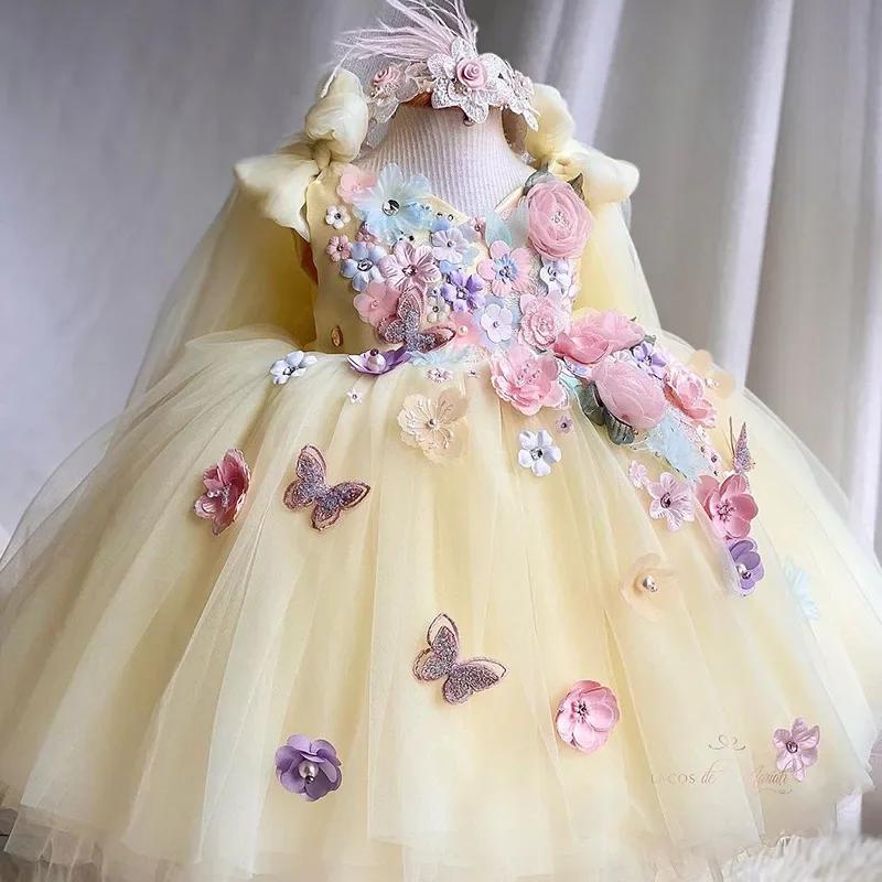 Robe de princesse à fleurs et papillons pour filles, luxueuse et élégante, en maille moelleuse, douc