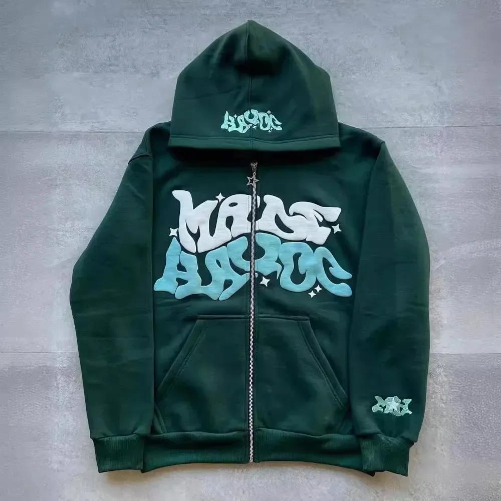 Sweat à capuche zippé avec lettres de style américain rétro, unisexe, idéal pour être associé à une 