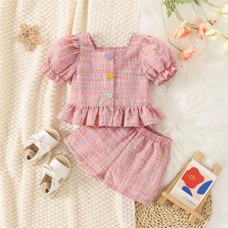 (0-3 ans) été bébé fille coton couleur Plaid bulle manches haut et short ensemble mignon princesse S