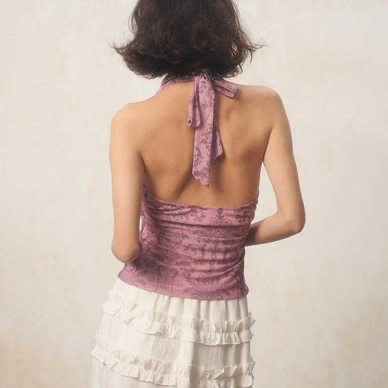 Karrcat-Camisole à imprimé fleuri rétro des années 2000, haut violet précieux, licou japonais Y2k, e