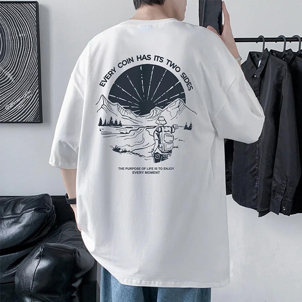 T-shirt en coton imprimé à manches mi-longues pour hommes, t-shirts décontractés à col rond, devant 