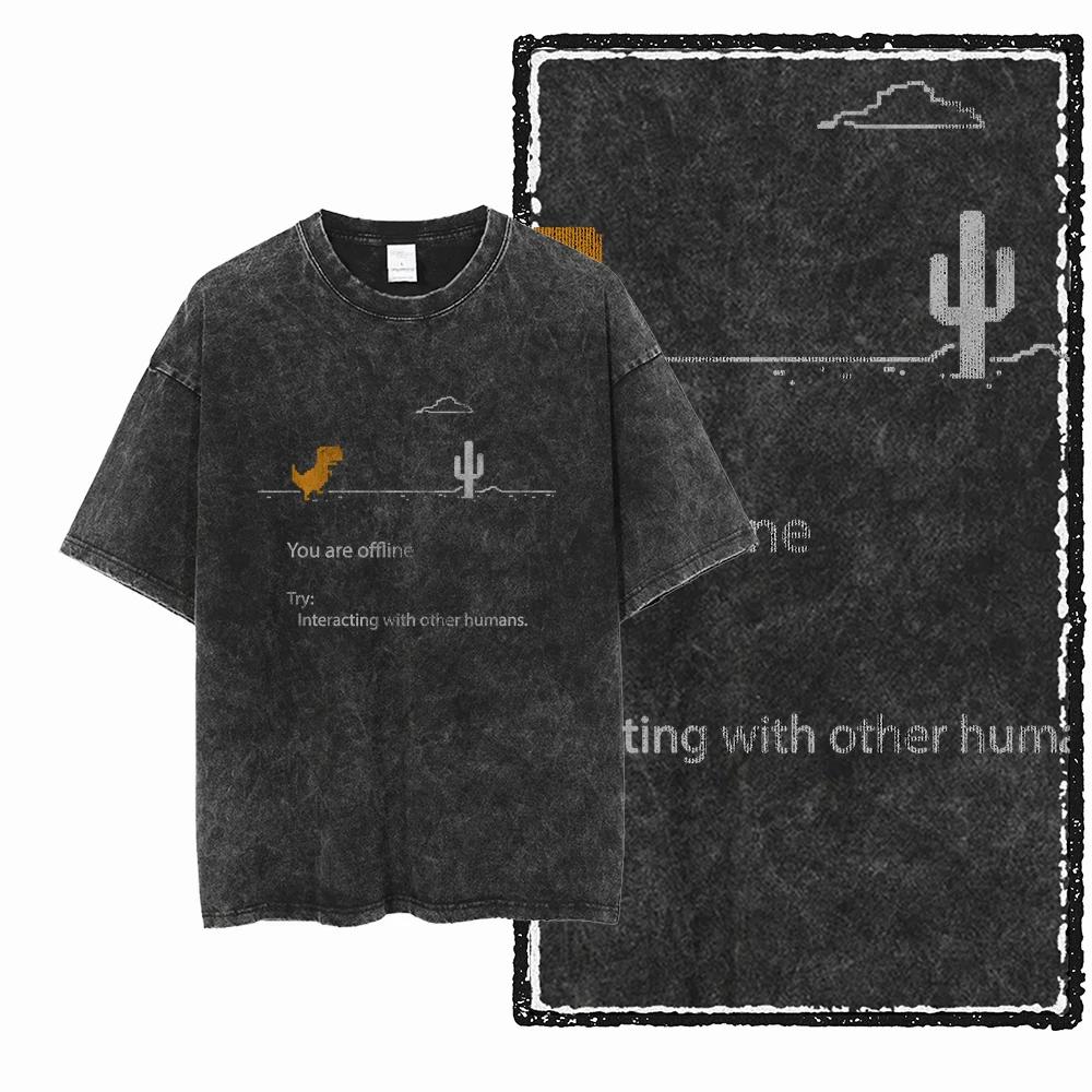 ZH DINO GAME THEME imprimé coton lavé à l'acide graphique exclusif unisexe t-shirt Cool Streetwear h