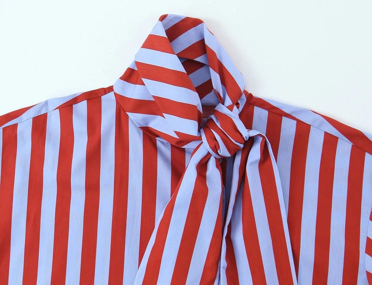 KONDALA Blouse Vintage Femme Rayée Col Rabattu Nœud Manches Longues Boutonnage Simple Mode Printemps