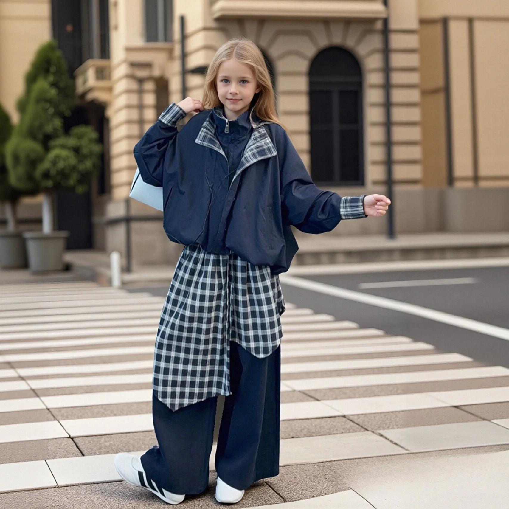 Ensemble de tenues de printemps pour filles, veste à carreaux, ourlet superposé, pantalon à jambes l