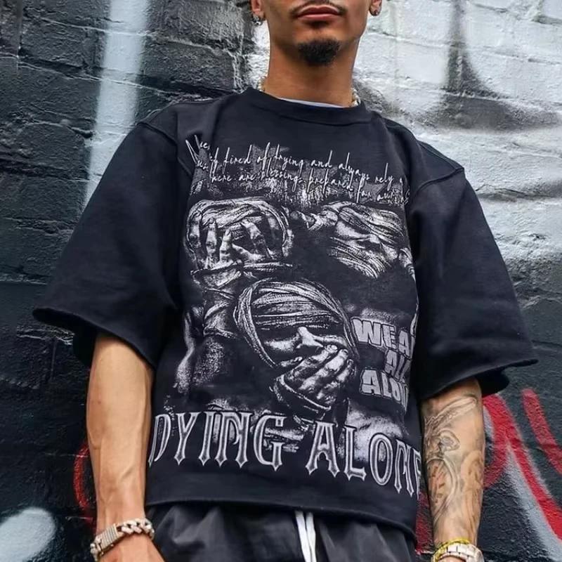Nous sommes tous seul abstrait visage humain graphiques imprimé coton T-Shirt hommes Y2K manches cou