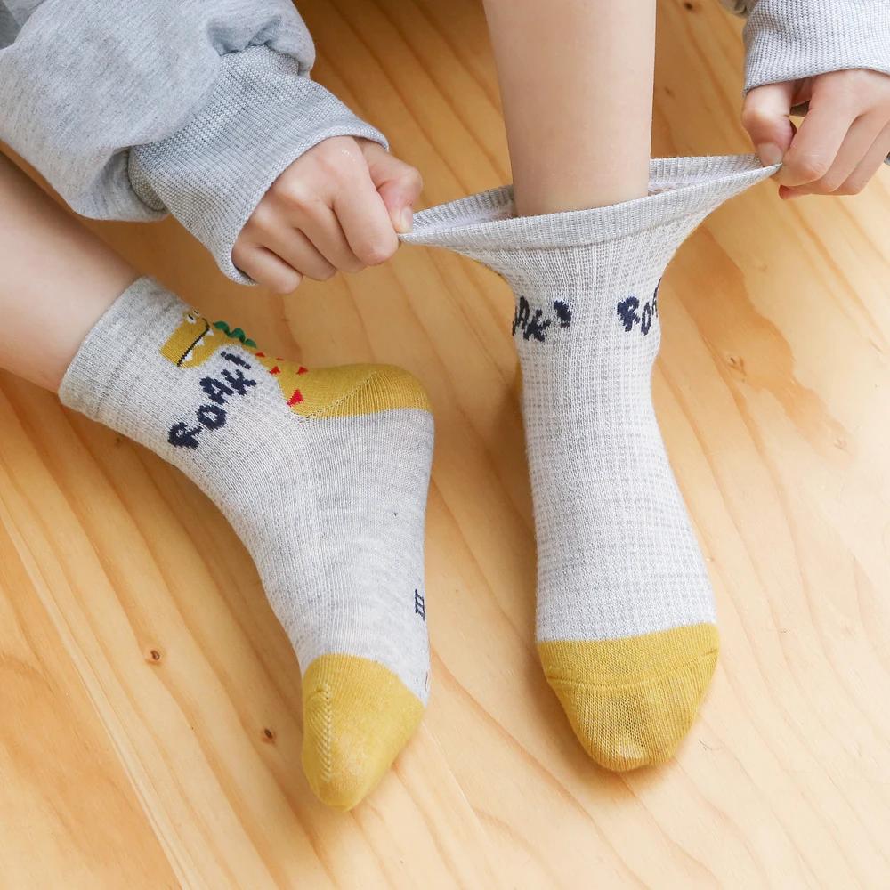 5 paires de chaussettes en coton pour enfants, motif de dinosaure de dessin animé, maille respirante
