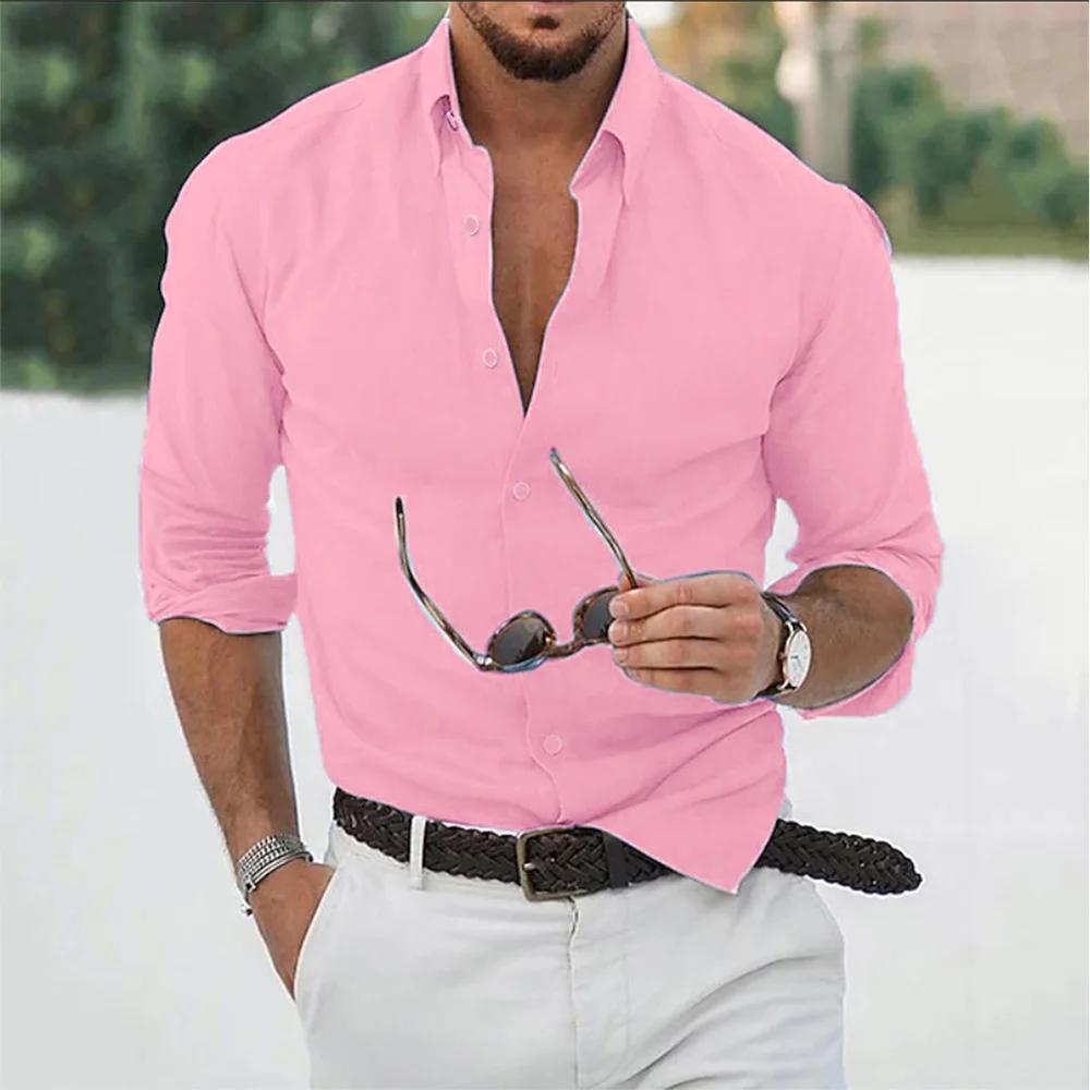 Chemises en coton et lin pour hommes, hauts décontractés, amples, couleur unie, manches longues, rev