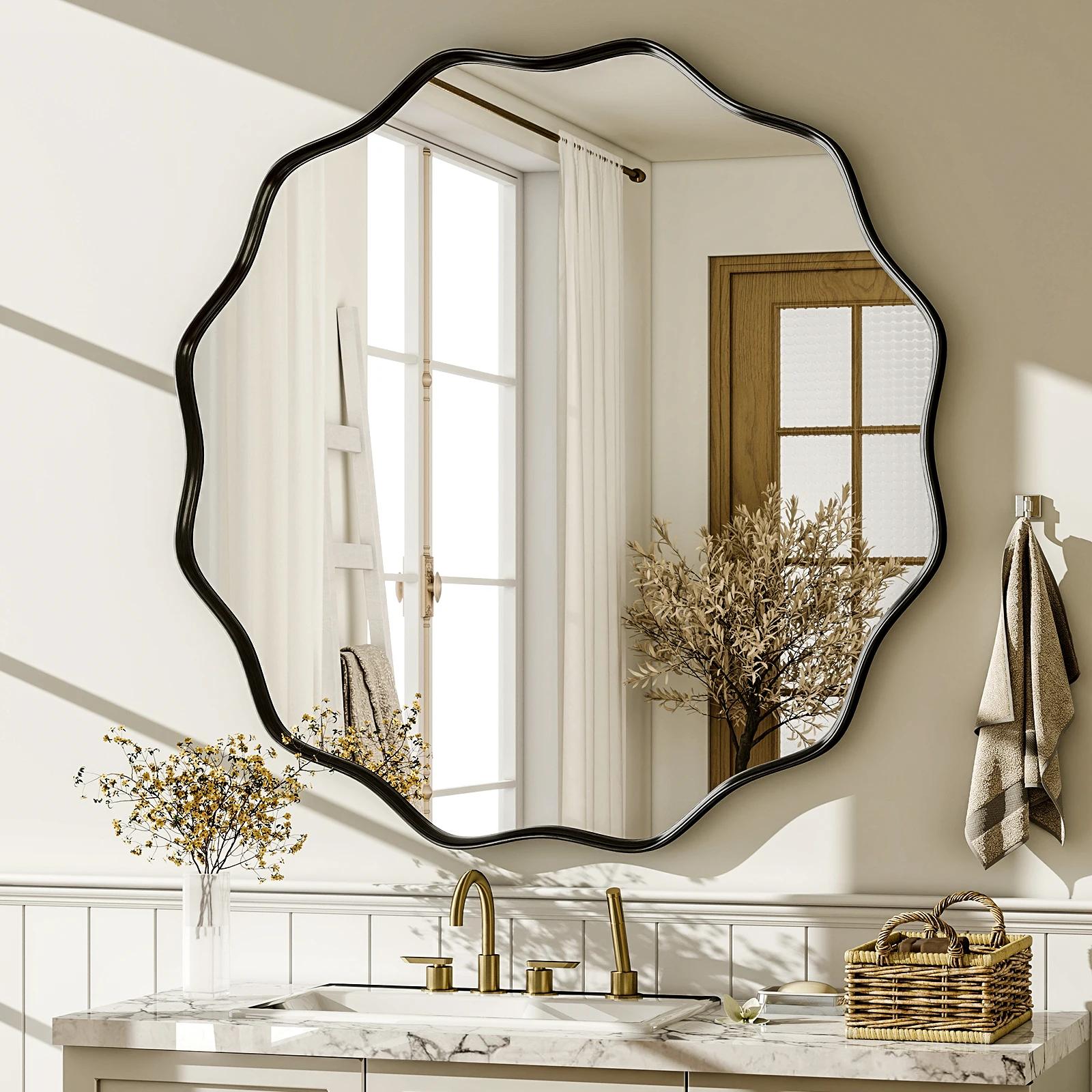 Miroir de salle de bain rond ondulé, miroir mural décoratif avec cadre profond