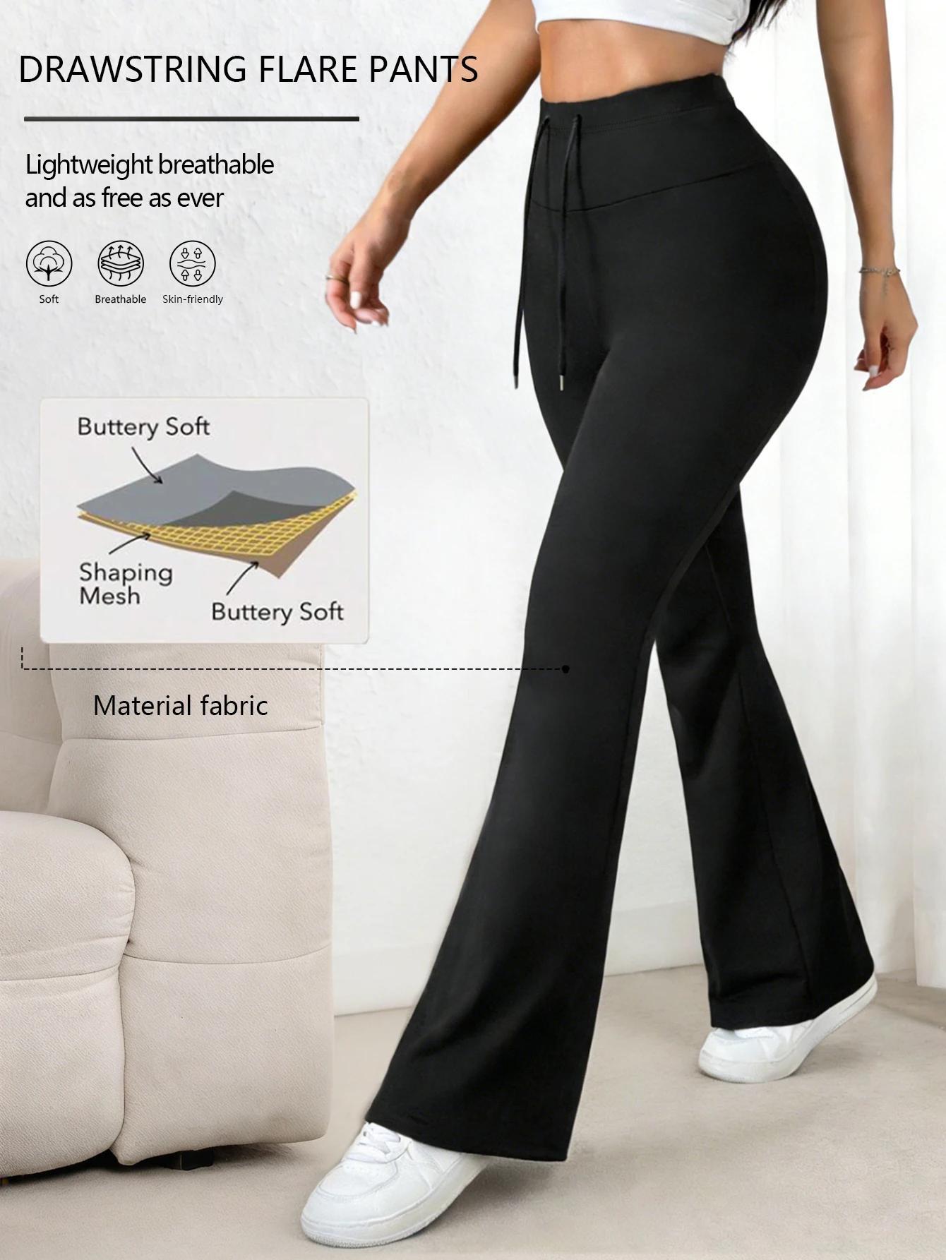 Pantalon noir taille haute à cloche pour femmes, cordon de serrage à la taille, extensible, doux pou