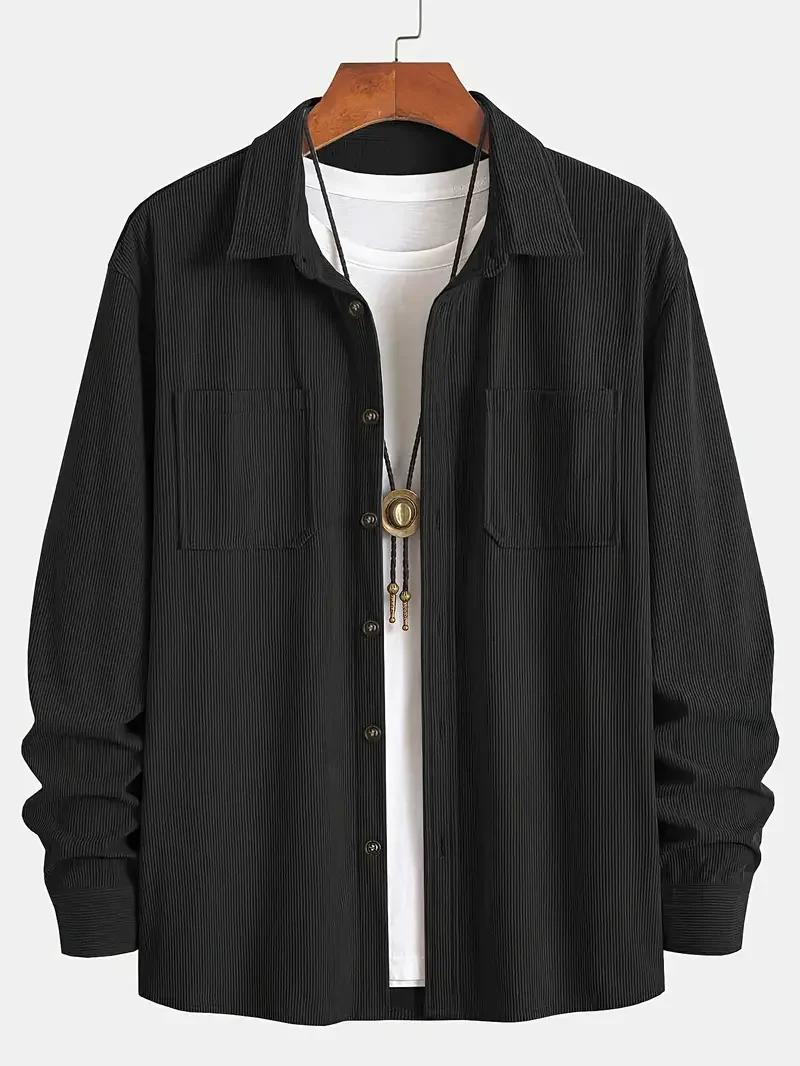 Chemise à manches longues en velours côtelé pour homme, col rabattu, poche poitrine, style décontrac