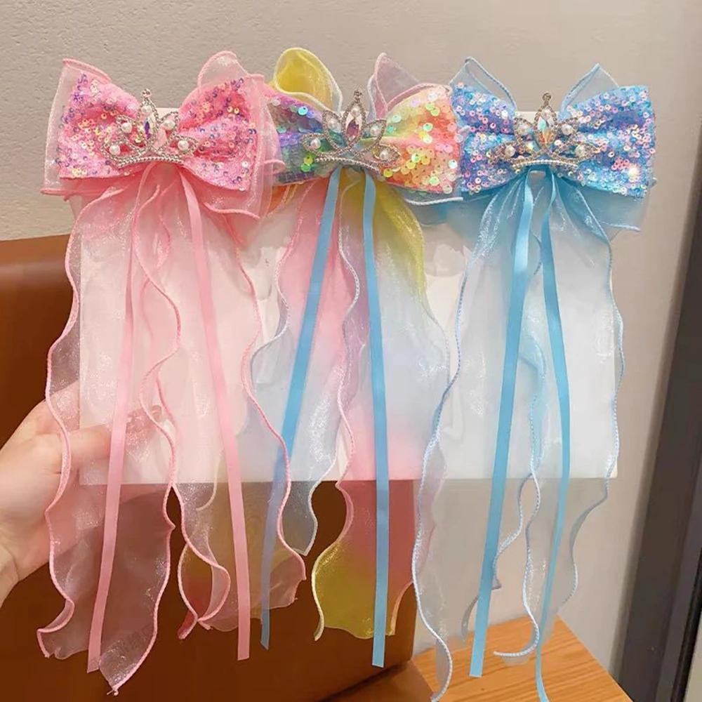 Épingle à cheveux flocon de neige, grand nœud, ruban à paillettes, Clips supérieurs, couronne de pri