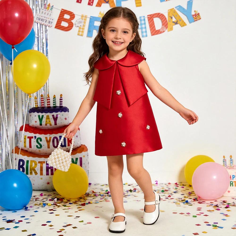 Nouvelle robe de princesse rouge à manches longues de style occidental pour filles, jupe évasée, rob
