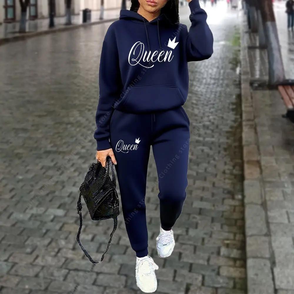Ensemble 2 pièces pour femme avec imprimé graphique Queen Letter, sweat à capuche et pantalon, tenue