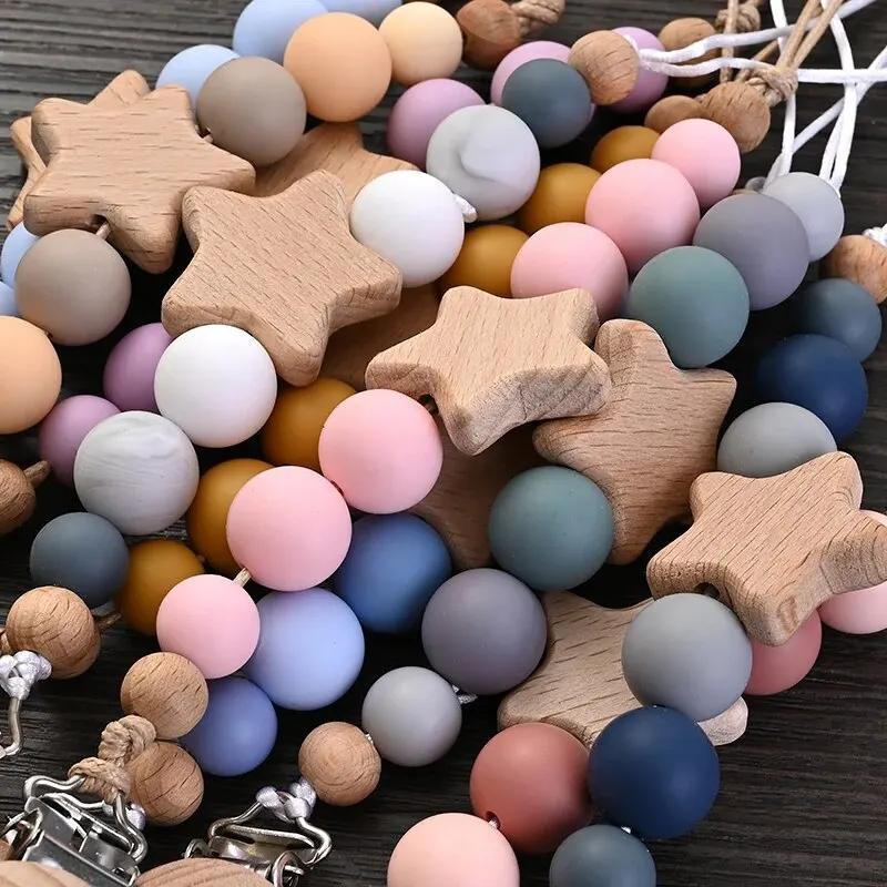 Clips de chaîne de sucette pour bébé, anneau de dentition pentagramme en bois, perles rondes en Sili