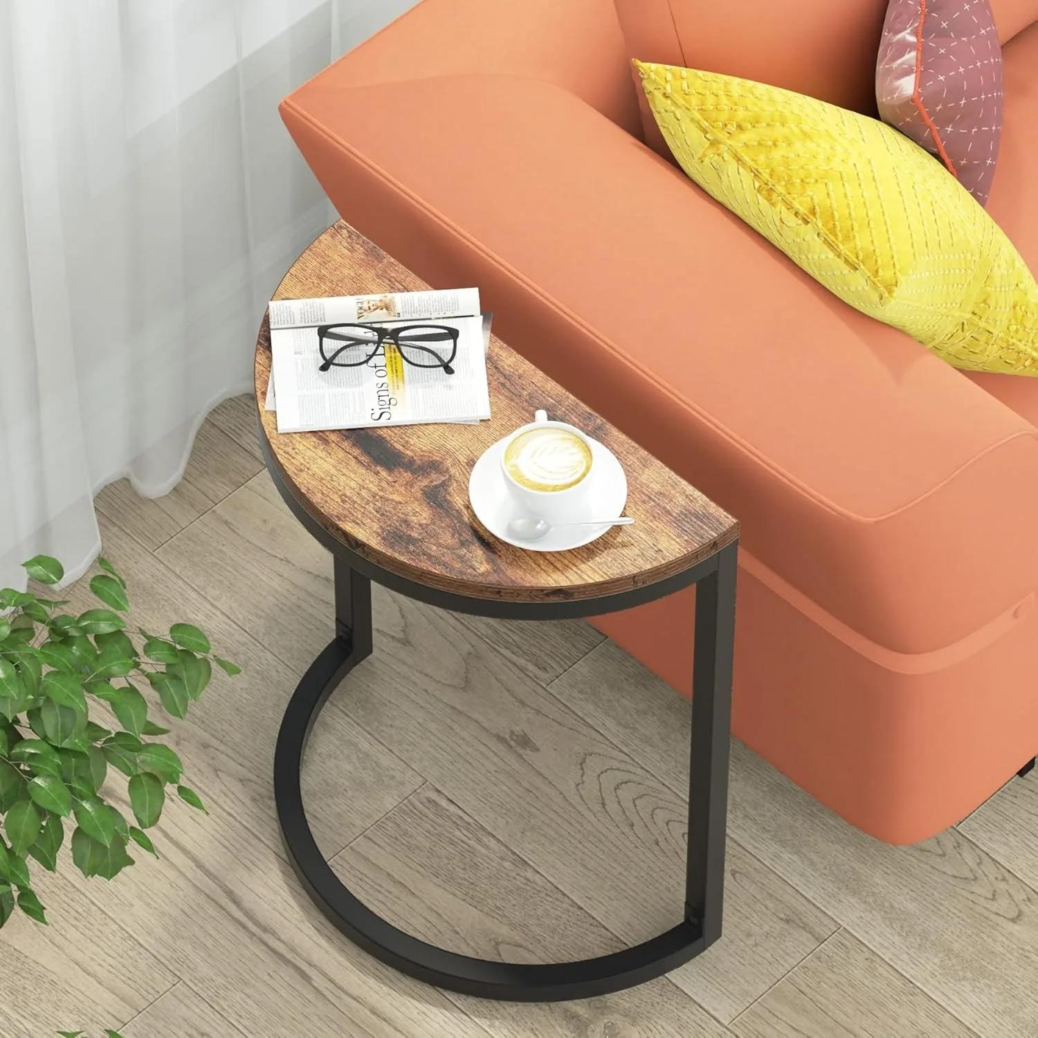 Table d'appoint semi-cercle à 2 niveaux, table d'appoint demi-ronde avec étagère de rangement, table
