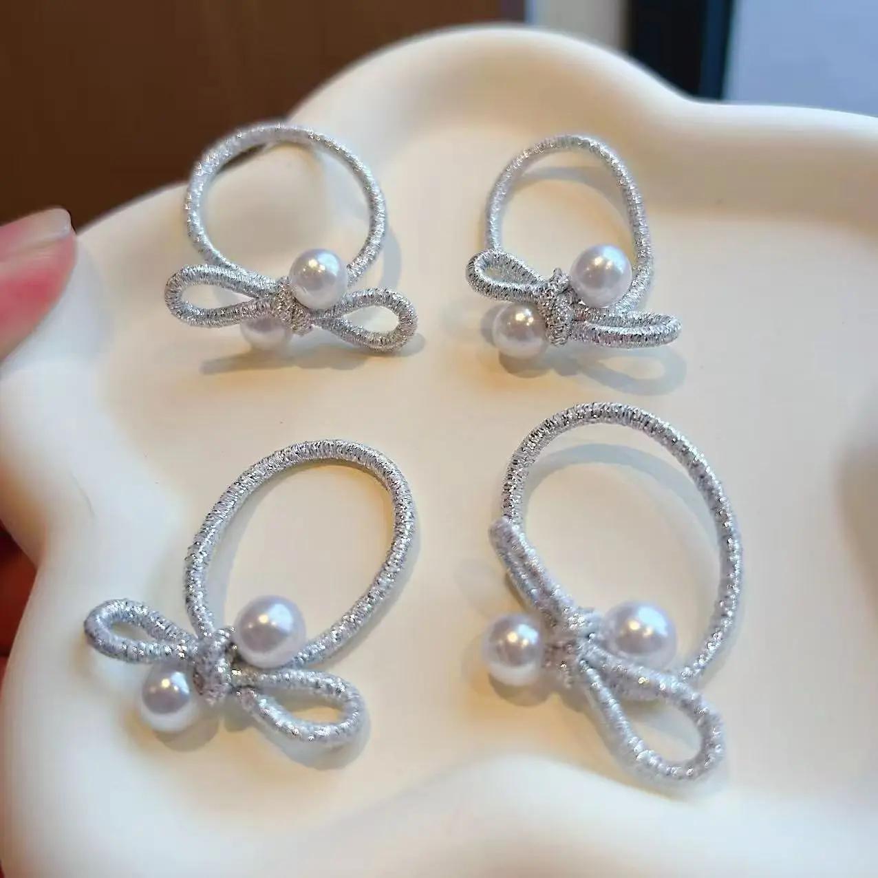 10 pièces enfants tressé élastique coréen argent perle arc bandeau sans endommager les cheveux petit