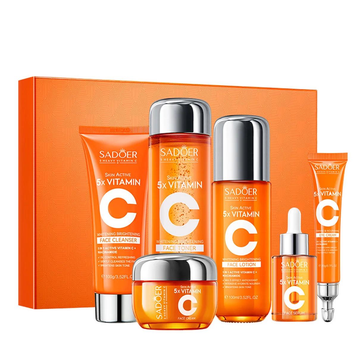 Coffret cadeau de 6 pièces pour soins de la peau à la vitamine C, blanchissant, éclaircissant, hydra