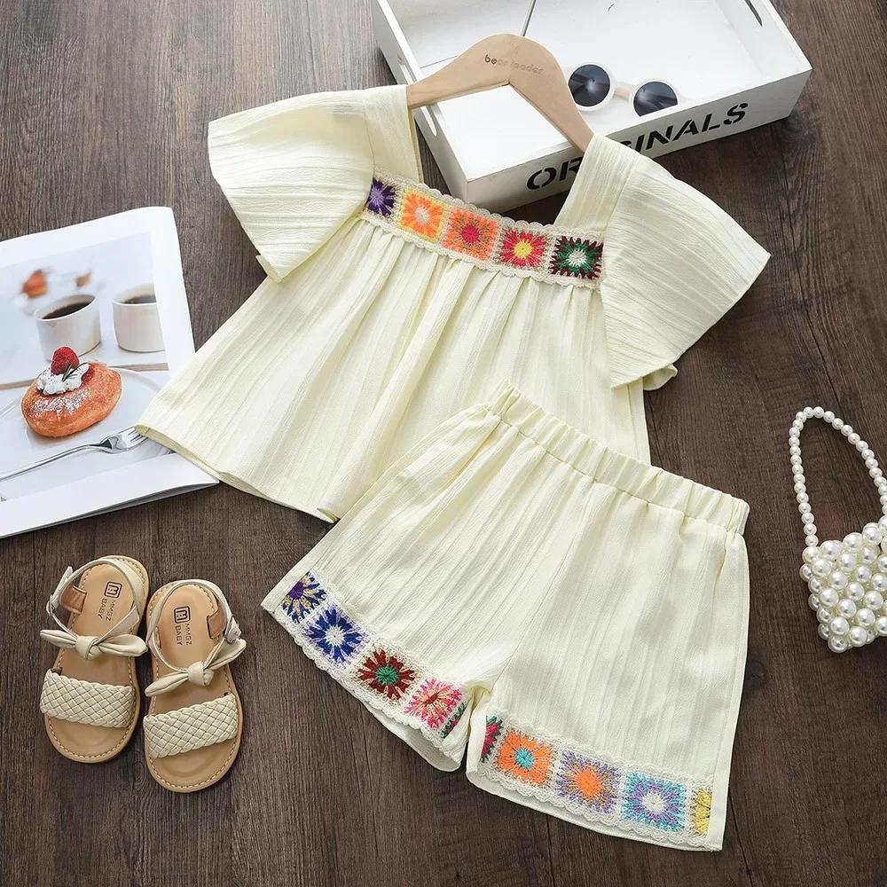 Costume pour enfants, Style vacances, couleur unie, broderie de fleurs, col carré, haut à manches co