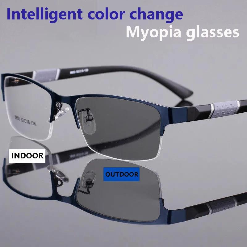 Lunettes de myopie photochromiques vintage pour hommes, demi-monture en métal, lunettes bloquant la 