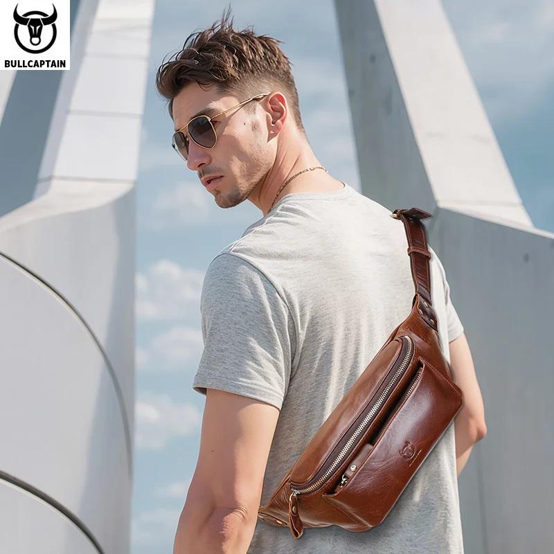 BULLCAPTAIN sac de taille en cuir véritable pour hommes sac d'alpinisme rétro décontracté multifonct