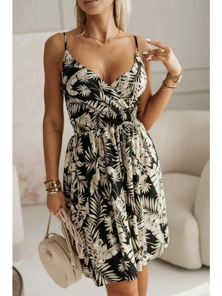 Robe d'été plissée ronde pour femmes, nouvelle mode, imprimé floral, sexy, bretelles spaghetti, robe