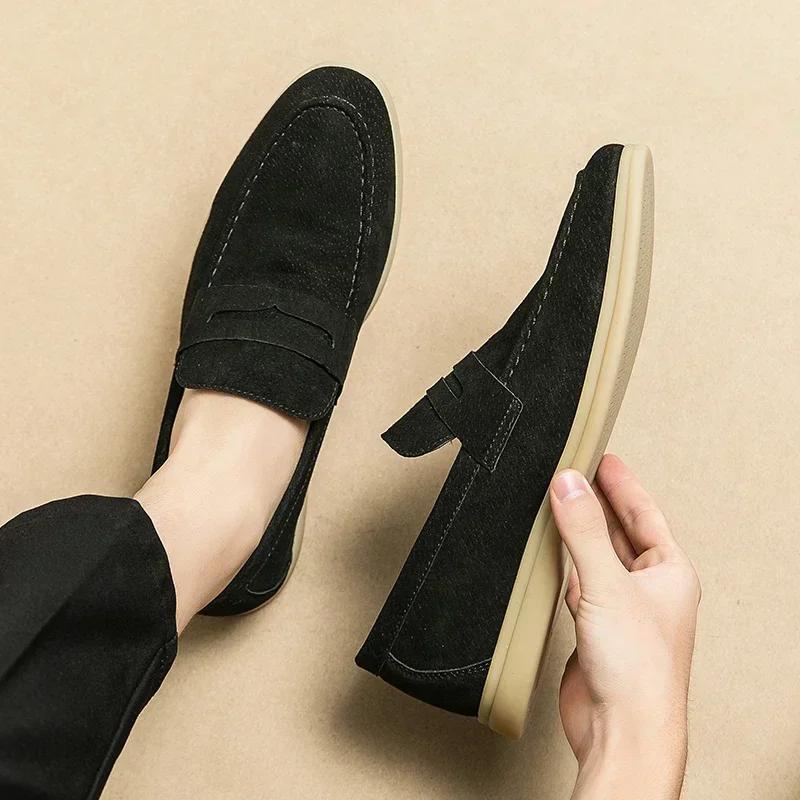 Chaussures décontractées en cuir véritable pour hommes, chaussures de conduite en daim, marque de lu