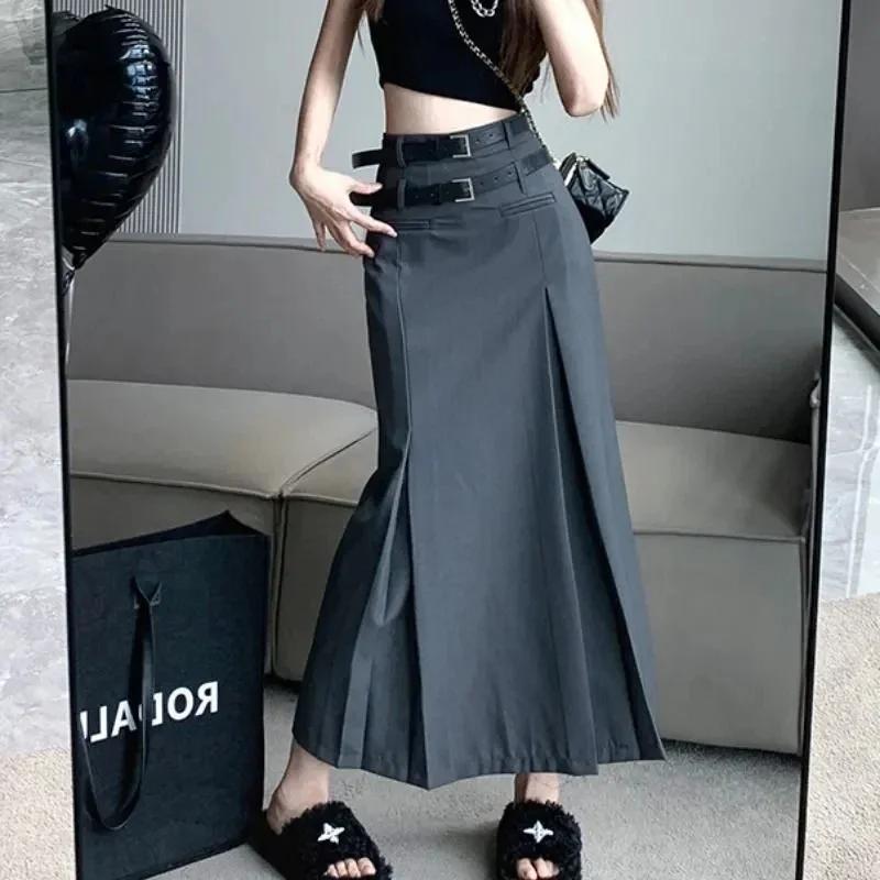 Jupe Midi à Double ceinture pour femmes, mode coréenne, taille haute, décontractée, assortie avec to