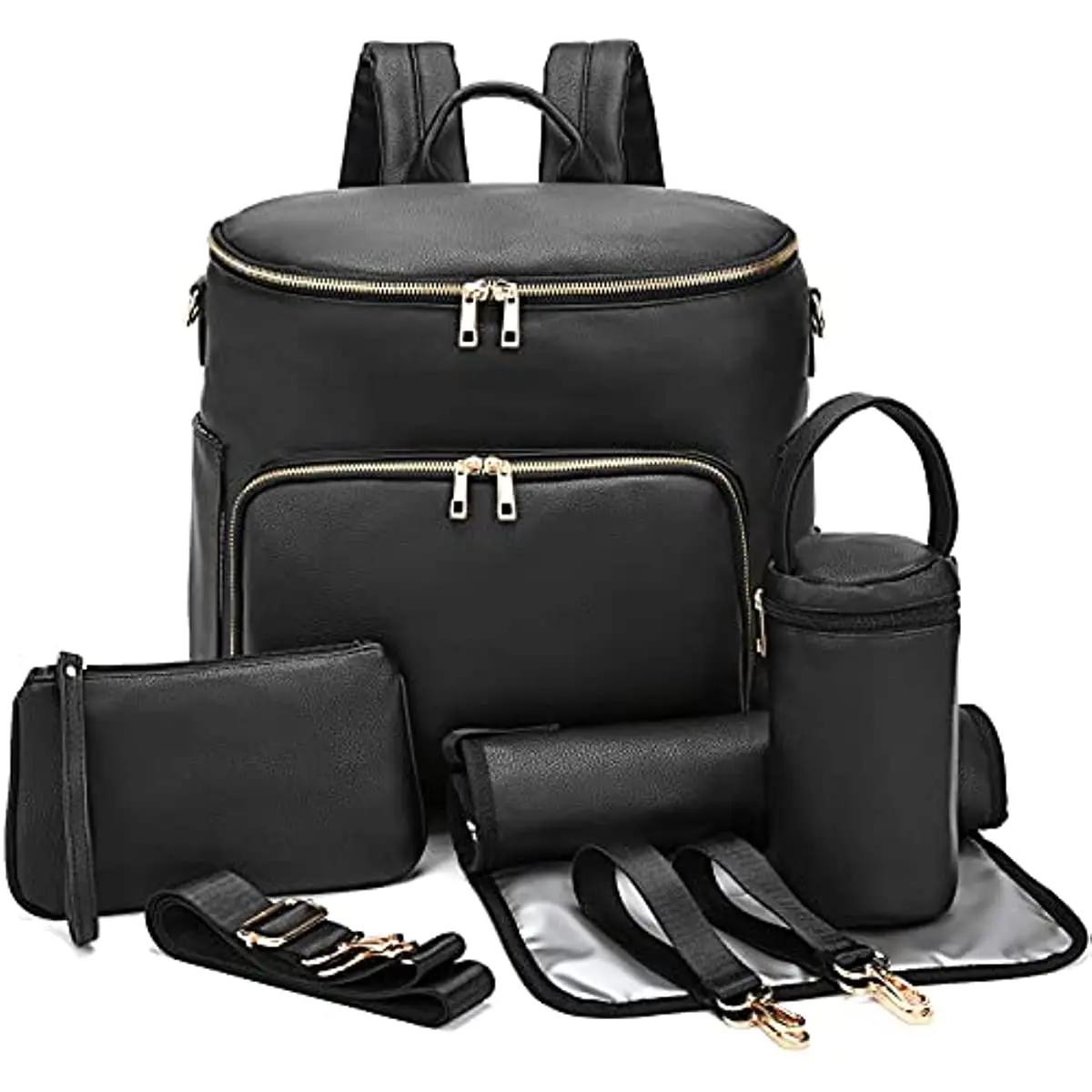 Sac à dos à langer en cuir pour femme, sac à dos de voyage pour bébé, grande capacité avec sangles d