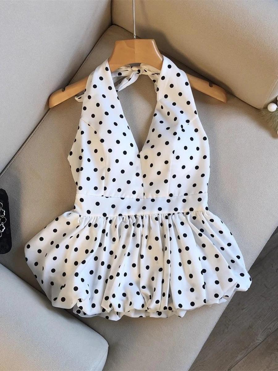 Nouveau débardeur court sexy dos nu pour femme, style babydoll de plage, à pois, col en V, sans manc