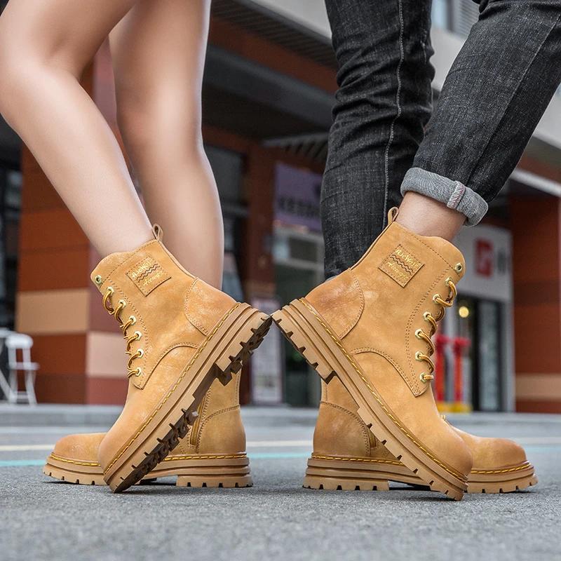 Bottes de moto en cuir véritable pour hommes, chaussures à lacets, fermeture éclair, haut, couple, a