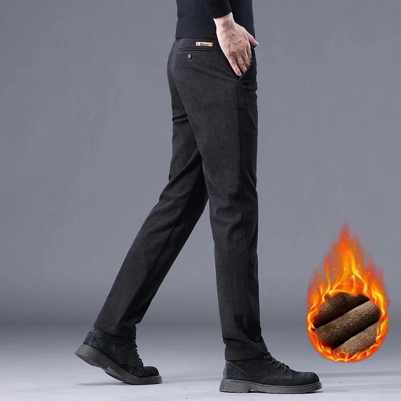 Kaki noir gris polaire hommes velours côtelé pantalons décontractés Chenille épais Stretch pantalon 