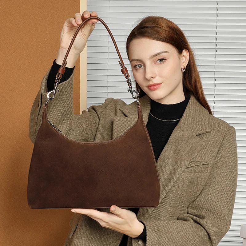 Sac à main rétro en cuir véritable et daim pour femmes, sac à bandoulière sous les bras en cuir de v