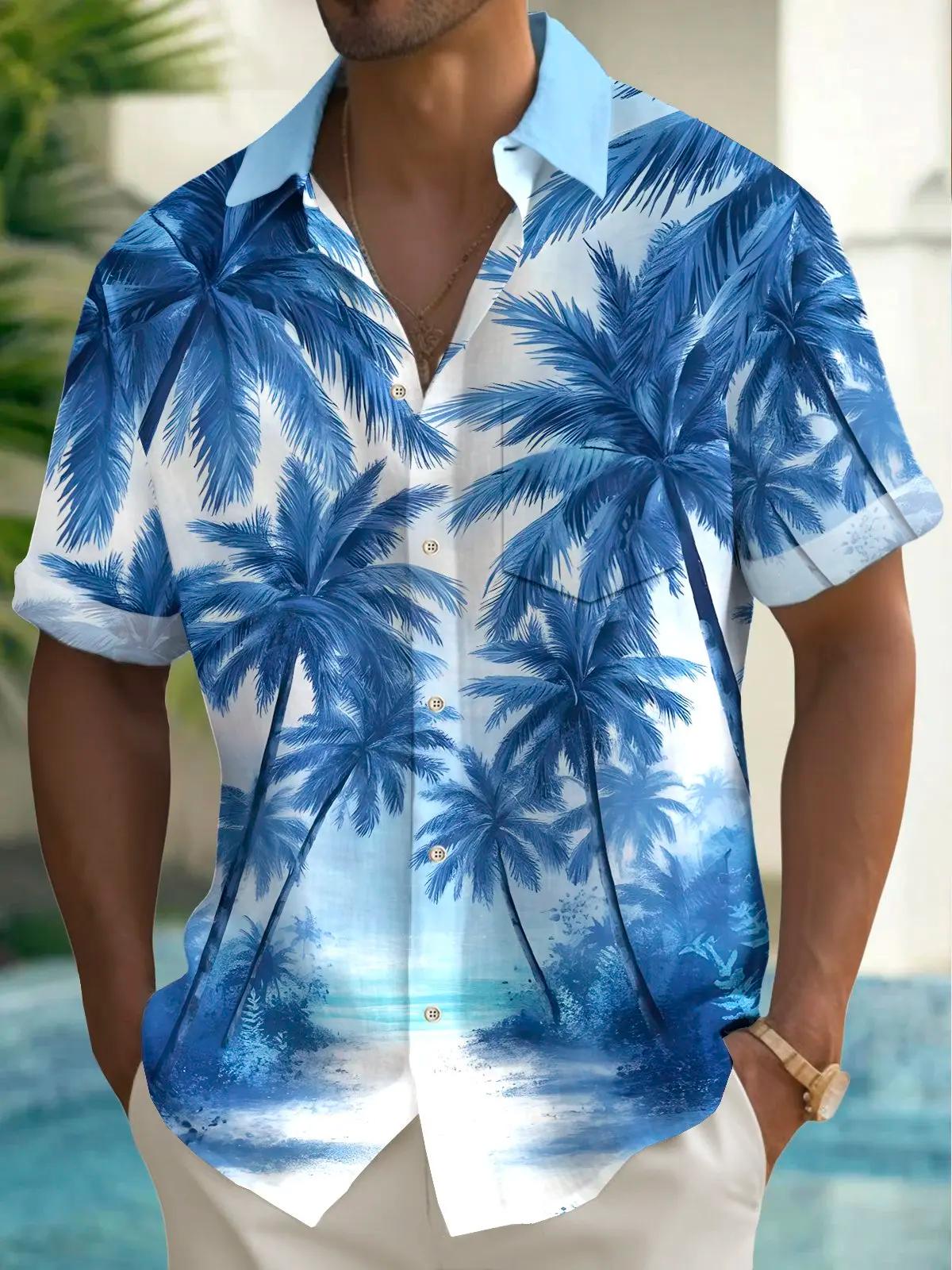 Chemise homme manches courtes hawaïenne bleu palmier imprimé bouton chemise été plage chemise Campin