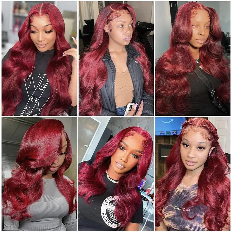 Perruque Lace Front Wig Body Wave Brésilienne Naturelle, Cheveux Humains, Bordeaux 99J, 13x6 HD, 13x