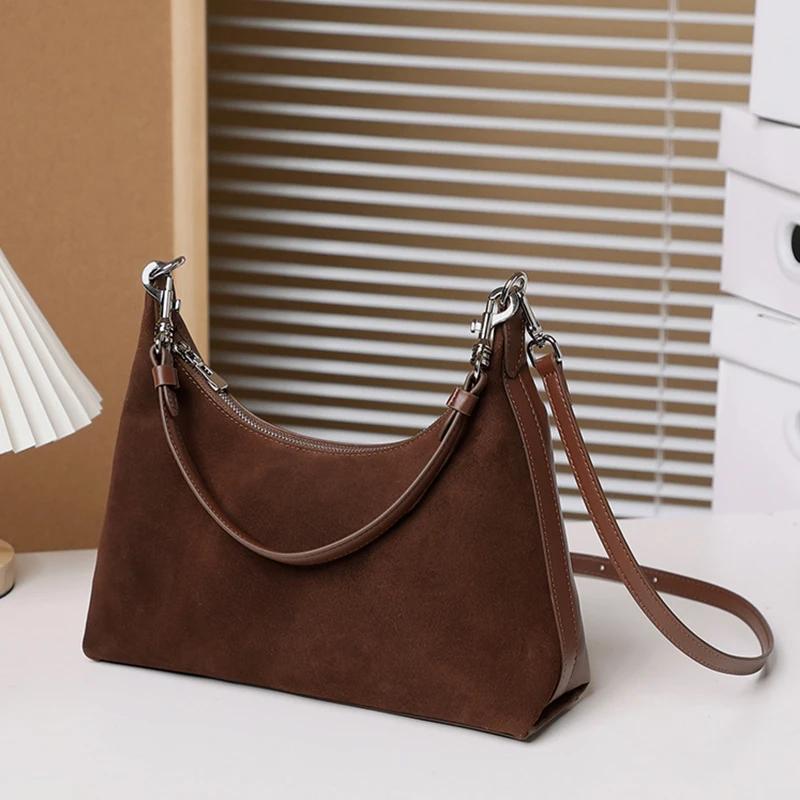 Sac à main rétro en cuir véritable et daim pour femmes, sac à bandoulière sous les bras en cuir de v