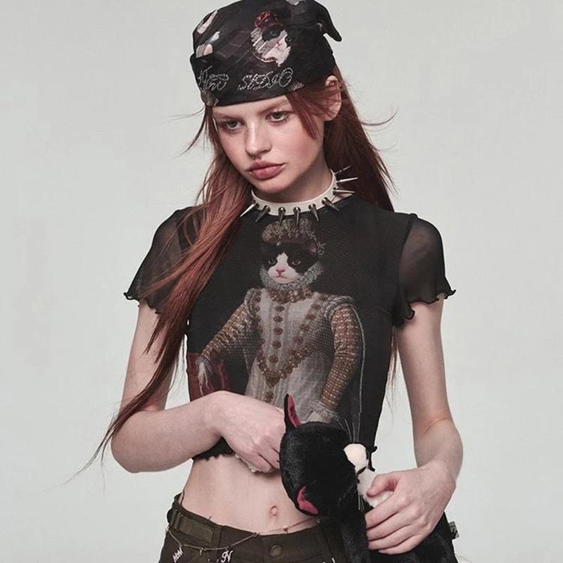 Y2K-T-shirt à manches courtes en maille de dentelle pour femmes, haut court imprimé chat, transparen