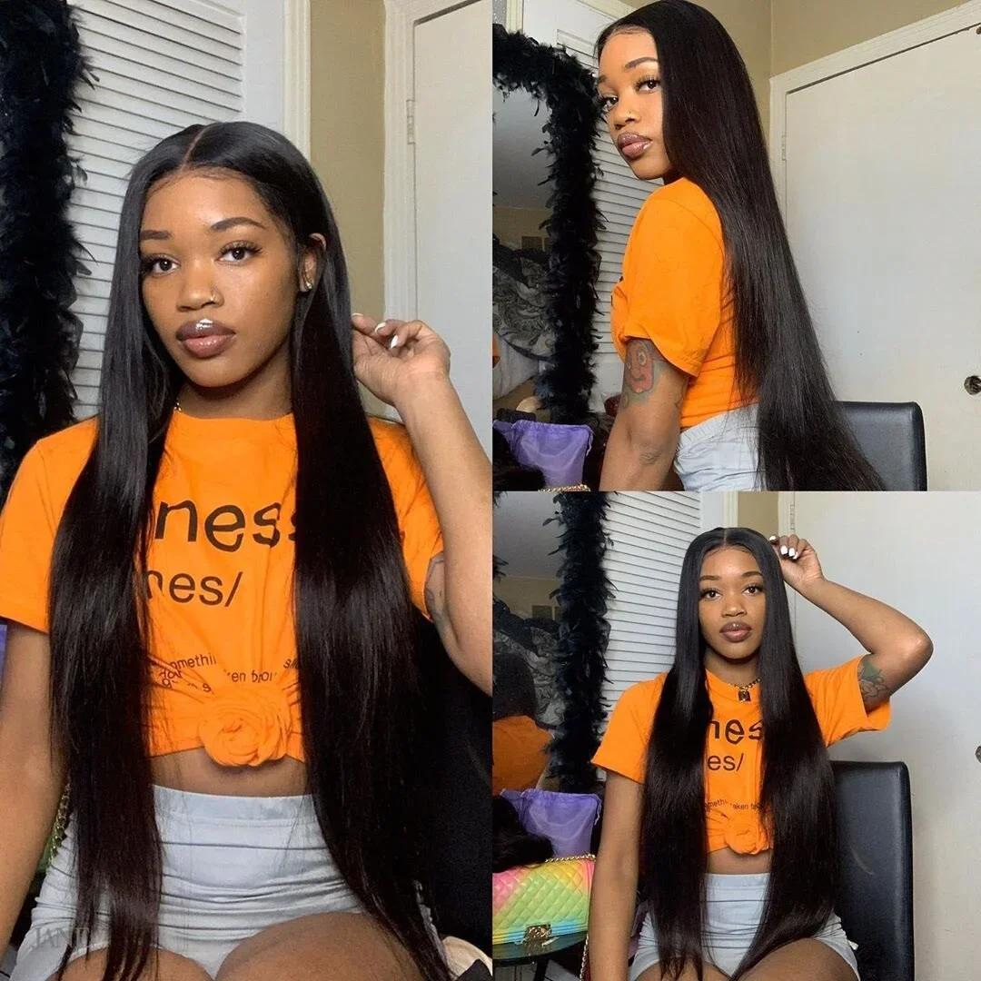Perruque Lace Wig naturelle brésilienne, cheveux lisses, 13x4, pre-plucked, pour femmes africaines, 