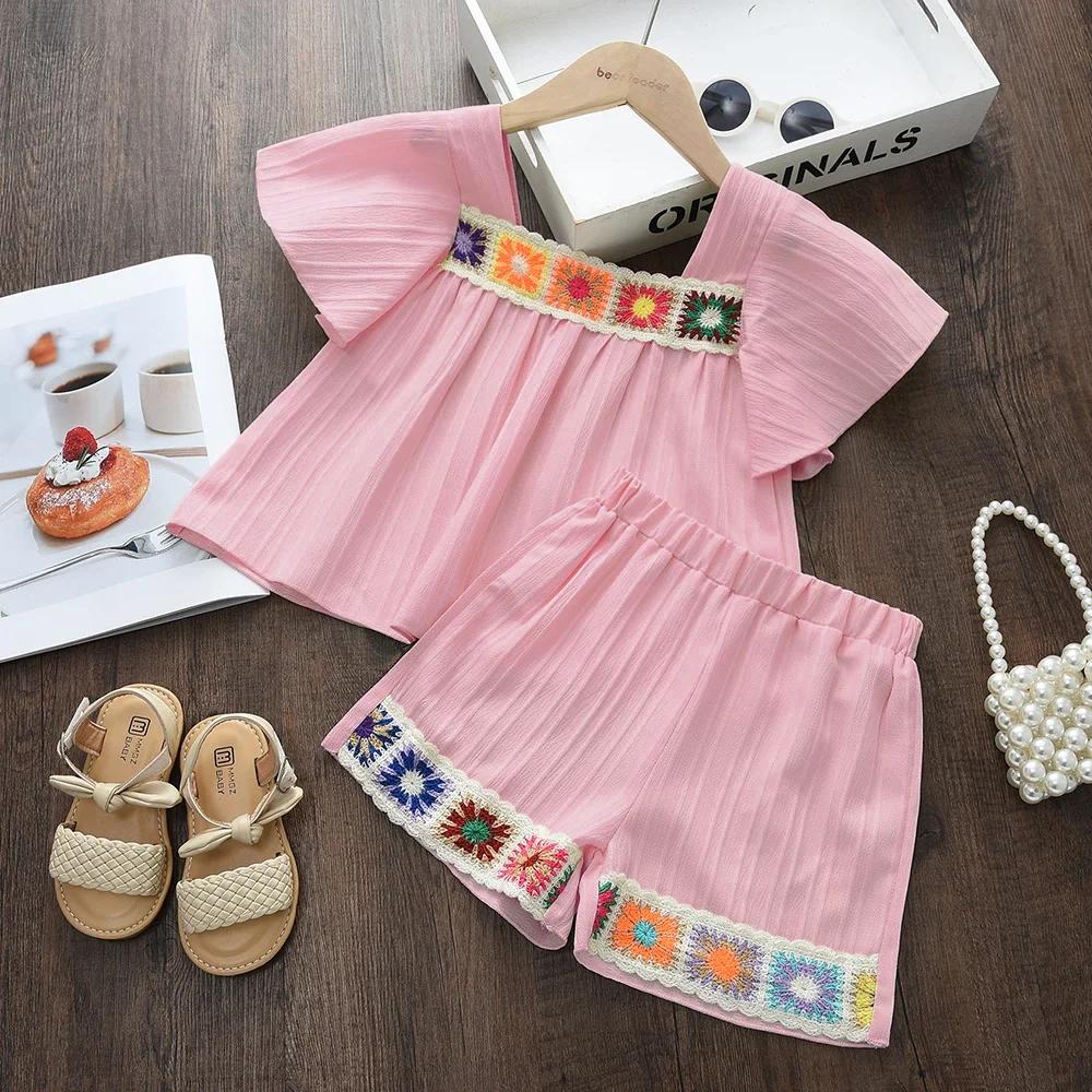 Costume pour enfants, Style vacances, couleur unie, broderie de fleurs, col carré, haut à manches co