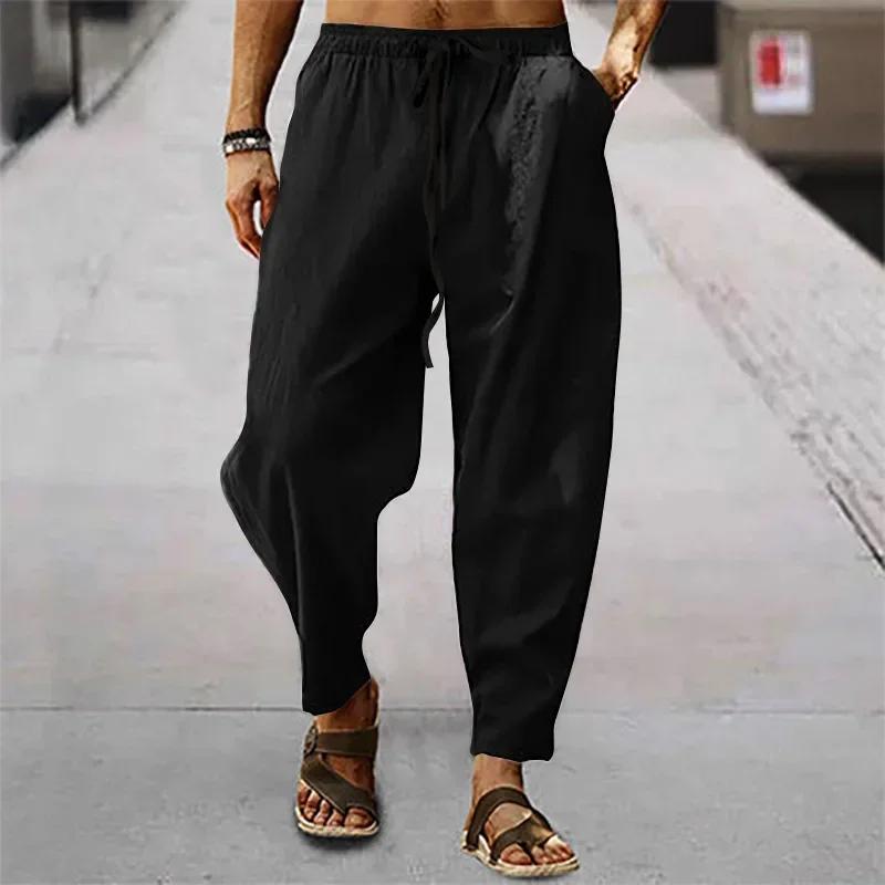 2025 hommes coton lin pantalon été et automne solide taille haute pantalon à jambes larges mâle lâch