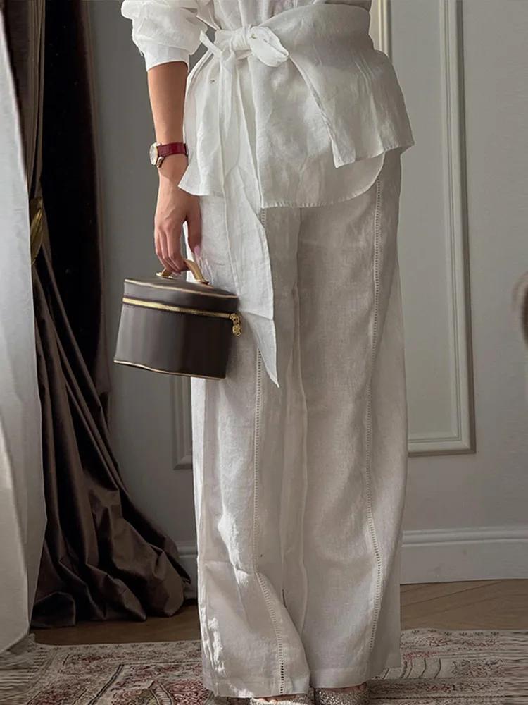 Ensemble décontracté 2 pièces en lin pour femme : chemise ample à col revers et lacets, pantalon lar
